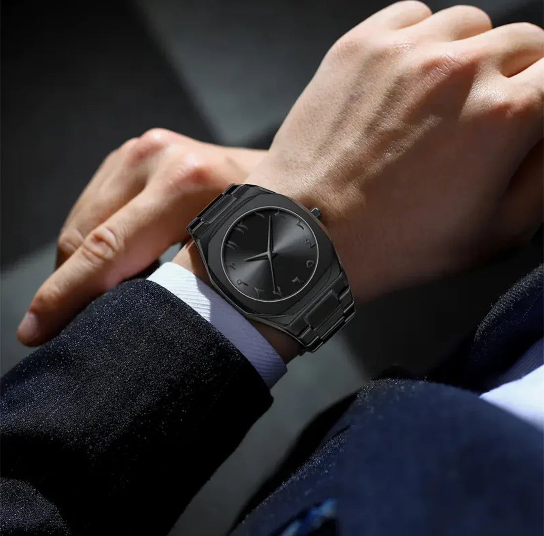 Arabian Dile Matt Black Aura Watches,Personalized Dials, Steel Bands, Men's Watches